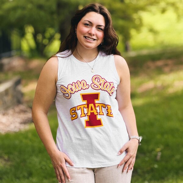 A student wearing Pressbox Women's Cyclones I-State White Tank Top